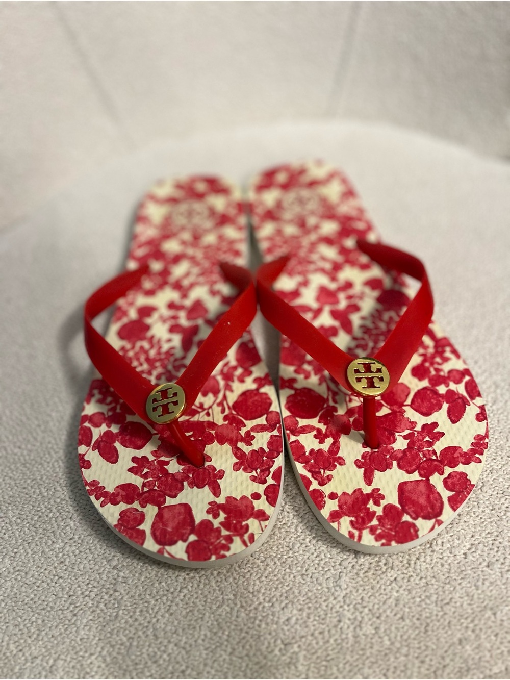 Tory Burch Red Floral Logo Thong Sandals